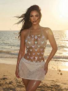 Swim SXY Geometric Chain White Butterfly Chiffon Cover Up, Suitable For Beach Golf Music Festival Party Summer Sexy - Gold - View 1