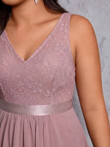 SHEIN Belle Plus Size Solid V-Neck Sleeveless Ruched Waist Pleated Casual Vacation Formal Dress Maxi Women Outfit - Pink - View 6