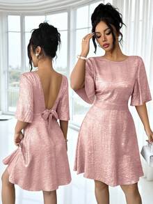 SHEIN Raffinéa Đầm ngắn nữ thanh lịch, tinh tế, hở lưng, buộc dây, tay bồng, eo vàng, thích hợp cho các buổi đi chơi và hẹn hò vào mùa xuân/hè. - Hồng - Xem 3