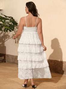 Juhart Plus Size Women Solid Color Pleated Loose Casual Boho Vacation Date Outing Spaghetti Strap Dress White Summer - White - View 2