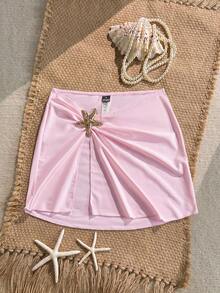 Swim 1 pieza Vestido de playa dividido de unicolor con accesorio de estrella de mar en el lateral para mujer - Rosa Pálido - Ver 3