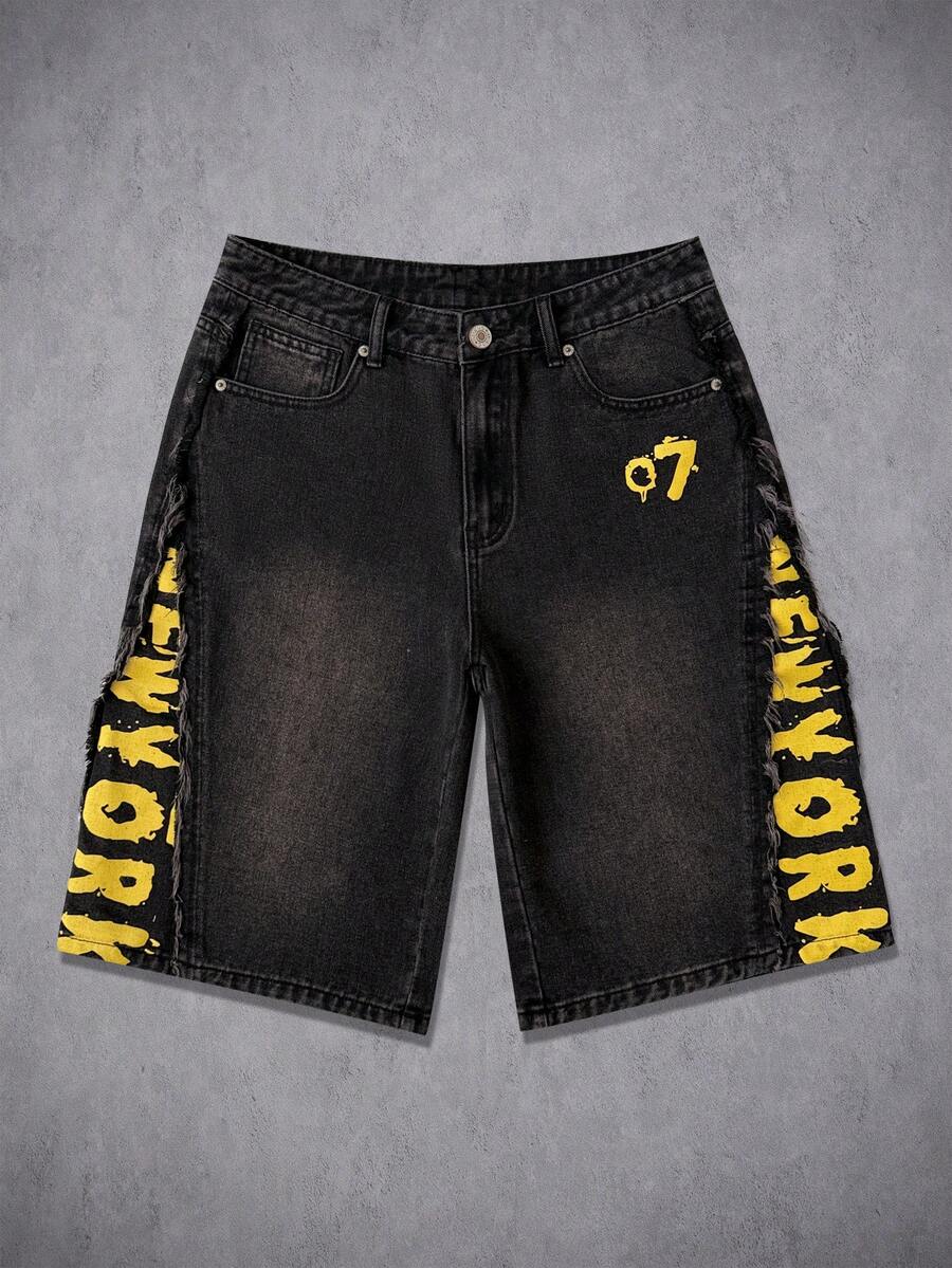 Manfinity Denimwave Men's Hip Hop Street Fashion American Print Frayed Hem Washed Black Denim Shorts - Black - View 1