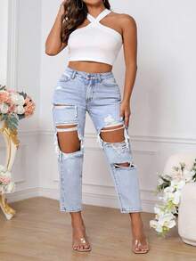 Plus Size Women High Waist Pockets Distressed Casual Jeans - Blue - View 5