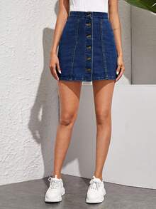 SHEIN PETITE Chân váy denim chữ A một hàng cúc dành cho nữ dáng nhỏ nhắn, thích hợp mặc mùa hè, hàng ngày, đi làm, đa năng. - Màu xanh lam - Xem 5