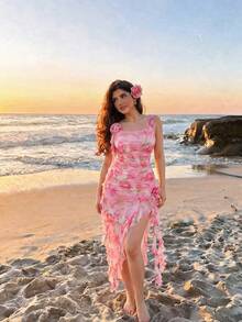 SHEIN MOD Plus Size Women's Pink Floral Summer Elegant Wedding Ninang Dress, Rose Print Corset Rouche Dress For Birthday,Valentine's Day & Events - Multicolor - View 8