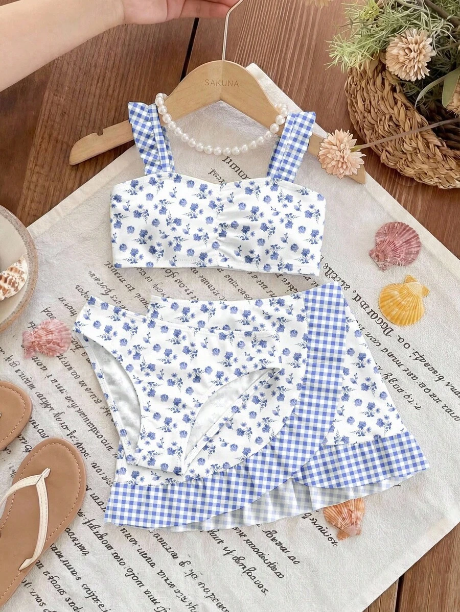 SHEIN 女童印花泳衣，荷叶边装饰，三件套 女童泳衣 儿童泳装 - 彩色 - 查看 1