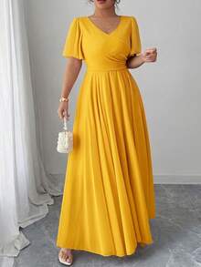 Elenzga Plus Size Women's V-Neck A-Line Chiffon Dress With Ruffle Sleeves, Simple Elegant And Romantic - Orange - View 4