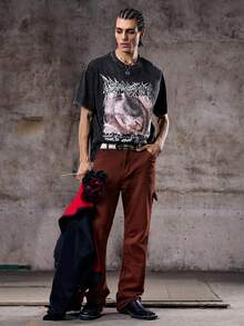 Skyrend Men's Shirt, Gothic Punk Streetwear Emo Vintage Washed Pattern Casual, Lightweight, Loose Fit, Outdoor Daily, Spring Summer - Black - View 3