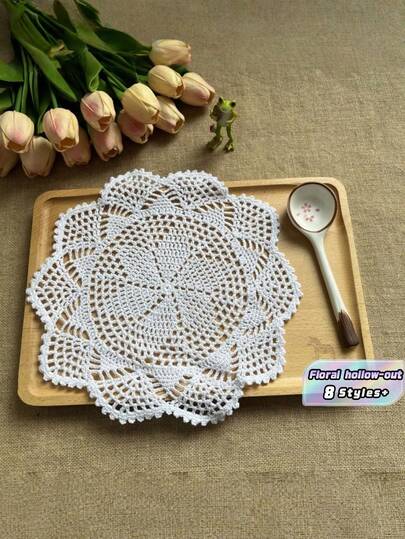 8pcs Handmade Crochet Lace Placemats Coasters Set Floral Design Hollow Out Woven Round Table Mats For Wedding Decor Table Decor Boho Decor Farmhouse Decor Vintage Table Runner Table Centerpiece Party Decor Holiday Decor Living Room Bedroom Tabletop Decor Gift For Her Housewarming Gift Beige White
