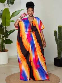 Maweii Burnt Orange Plus Size Women's Boho Vibrant Abstract Print V-Neck Short Sleeve Dress Front Ring Cutout Loose Fit Summer Vacation Holiday Beach - Multicolor - View 5