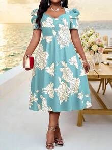 SHEIN Lady 大码优雅印花连衣裙，夏季 - 彩色 - 查看 4