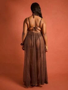 FASHION SZN Plus Size Halter Neck Trim Detail Crochet Maxi Beach Vacation Cover Up Summer Dress Bachelorette Hen Party Elegant Sexy Boho Ibiza Travel Galm - Brown - View 2