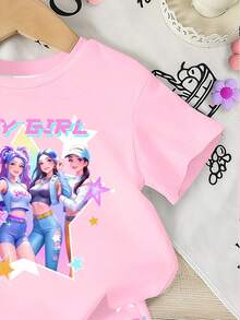 一套女童卡通粉色星星K-POP女团印花短袖T恤+短裤两件套，夏季休闲装 - 彩色 - 查看 5