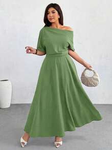 Firerie Plus Size Women's Fashionable Solid Color Off-Shoulder Long Dress - Green - View 4
