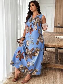 SHEIN LUNE 大码女式春夏V领无袖A字印花休闲度假连衣裙 - 彩色 - 查看 4