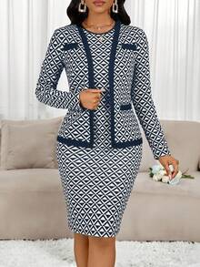 SHEIN Lady 2pcs Women Elegant Commuter Geometric Print Jacket And Dress Set 2 Piece Dress Set Blazer Skirt Set 2 Piece Sets Woman Classy Skirt Suits For Woman - Navy Blue - View 8
