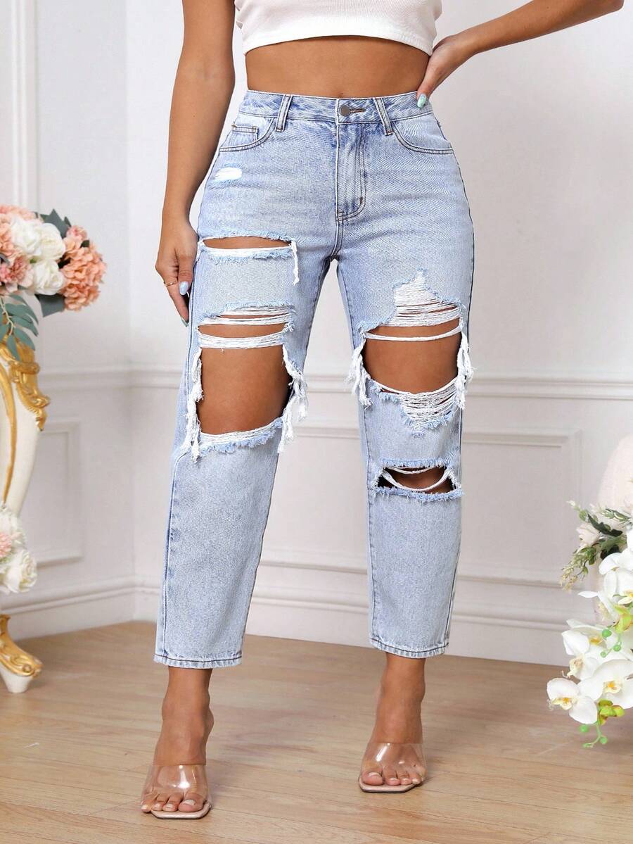 Plus Size Women High Waist Pockets Distressed Casual Jeans - Blue - View 1