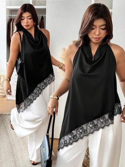 Vionelle Plus Size Women Asymmetric Hem Lace Patchwork Backless Blouse, Elegant Summer Shirt
