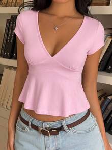 SHEIN EZwear Kaos Kasual Lengan Pendek Leher V Hitam Wanita, Musim Panas - Berwarna merah muda - View 4
