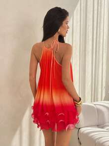 SHEIN ICON 夏季女士橙色性感外出节日派对海滩婚礼毕业生日舞会渐变色打结露背宽松迷你连衣裙,海滩度假风 - 彩色 - 查看 3
