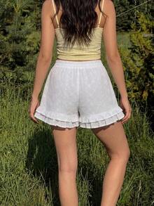 MainGRL Women's Cute White Summer Beach Picnic Holiday Woven Embroidered Frill Trim Shorts, 2026 SS New Elegant Vacation Casual Low Waist Travel Daily Wear - White - View 4