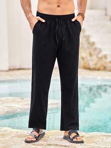 Mercer Haus Men's Solid Color Lightweight Linen Pants, Comfortable For Summer, Suitable For Beach, Casual, Sports - Black - View 5