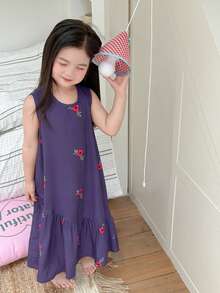 Dazy Kids Đầm xếp ly cổ chữ V họa tiết hoa nhí cho bé gái (size nhỏ) mặc nhà - Màu tím - Xem 2