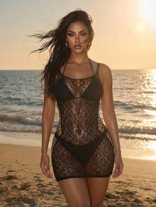 SHEIN Swim SXY Áo khoác ngoài không tay dệt kim màu đen khoét rỗng lãng mạn mới năm 2026 dành cho nữ - màu đen - Xem 3