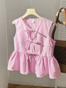 SHEIN Teen Girls Pink & White Striped Casual Elegant Vacation Textured Asymmetrical Shoulder Ruched Cropped T-Shirt - Pink - View 3