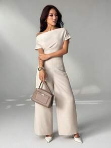 SHEIN PETITE Women's Summer New Arrival Simple Elegant Daily Casual Linen Commuter Wide Collar Off Shoulder Blouse And Wide Leg Pants Suit - Apricot - View 5
