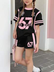 2pcs Tween Girls Casual Minimalist Digit 67 Print Short Sleeve Top And Shorts Set, Suitable For Summer - Multicolor - View 4