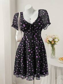 Sweetra Digital Mesh Short Sleeve Casual Knit Dress, Spring/Summer - Purple - View 4