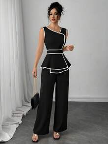 Modelyn Bộ jumpsuit không tay với đường viền tương phản và gấu áo bất đối xứng dành cho nữ. - màu đen - Xem 4