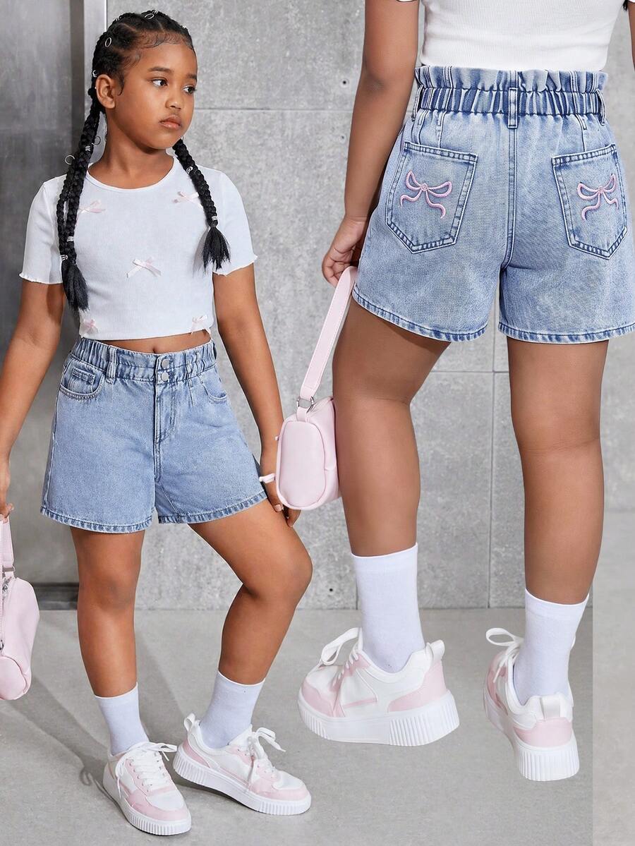 Quần short denim đa năng, thoải mái dành cho bé gái tuổi teen, có túi. - Rửa nhẹ - Xem 1
