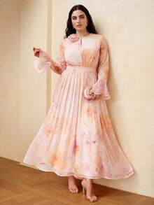 ZEYLAH Vestido de malla con cuello de volantes y mangas con volantes - Rosa vieja - Ver 1
