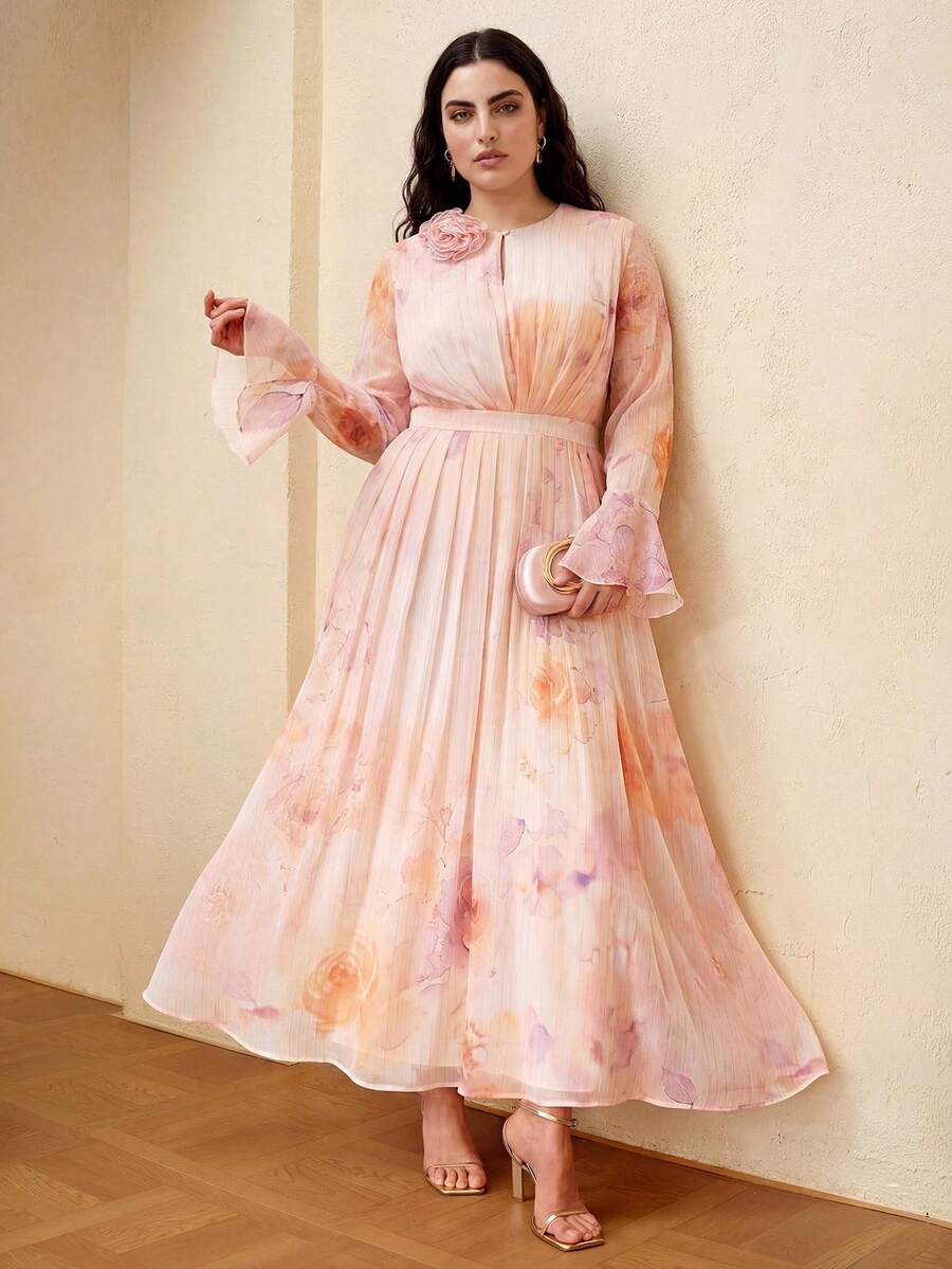 ZEYLAH Vestido de malla con cuello de volantes y mangas con volantes - Rosa vieja - Ver 1