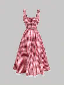 Skyraze Vestido de verano con volantes y corbata de moño a cuadros rojos y blancos - Rojo y blanco - Ver 4