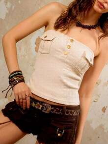 Rina Fox توب أنبوبي ذو موحد اللون مزخرف بأزرار وجيبين مناسب للنساء، طراز عتيق للعطلات الصيفية - لون مشمشي - مشاهدة 4
