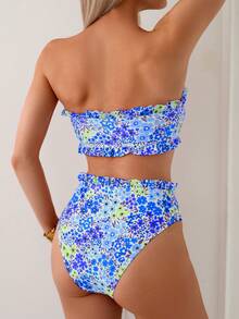 SHEIN Swim Mod 2pcs/Set Ditsy Floral Ruffled Bandeau Bikini Set, Beach & Summer - Blue - View 2