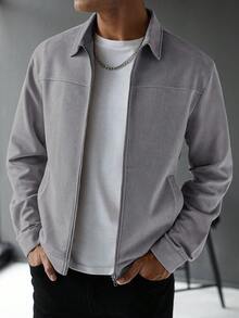 Manfinity Homme Men's Long Sleeve Casual Simple Solid Color Jacket, Autumn, For Fall - Grey - View 3