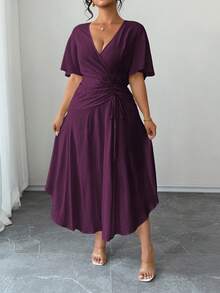 Elenzga Đầm maxi cỡ lớn dành cho nữ, phong cách Pháp thanh lịch, sang trọng, tối giản, thích hợp cho kỳ nghỉ hoặc công sở, kiểu dáng bohemian, thoải mái, màu trơn, chất liệu giống như vải lanh, cổ chữ V chéo, eo có dây rút, lưng nhún, eo chun, gấu bất đối xứng, tay phồng. - Màu đỏ tím - Xem 6