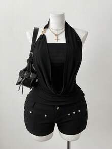 Sunspun Plus Size Draped Neck Loose Elegant Stretchy Top, Suitable For Vacation, Dating, Party - Black - View 3