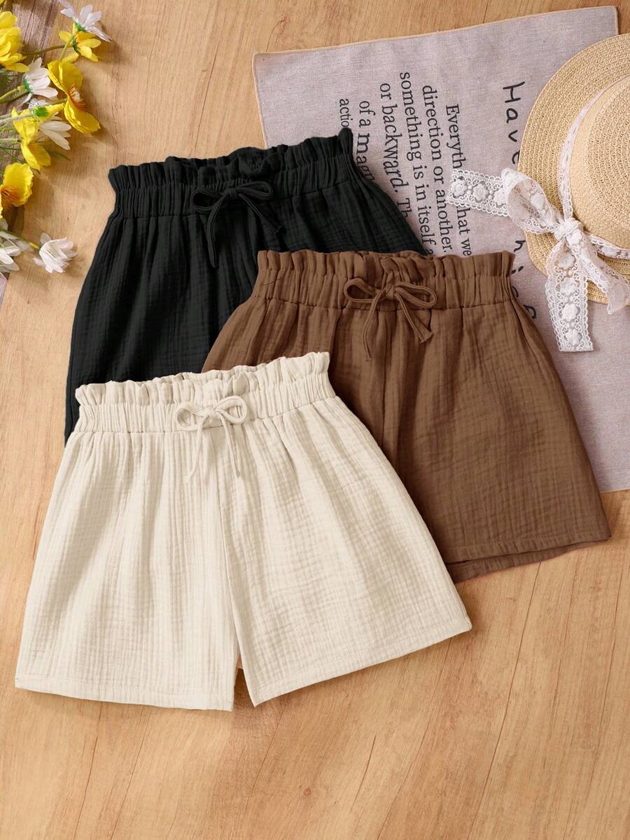 SHEIN TEENGirl's 3pcs Casual Summer Set: Woven Soft Dual-Layered Gauze Ruffle Shorts With Elastic Waist, Solid Color, Versatile And Breezy - Brown - View 1