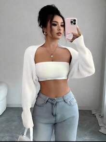 SHEIN ChicEase كارديجان قصير بأكمام خفاشية بلون موحد للنساء بمقاسات كبيرة، كاجوال للعطلات والتنقل في الربيع/الخريف، بتصميم بسيط وعملي للشتاء - أبيض - مشاهدة 5