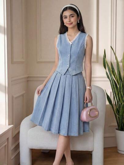 Bộ 2 món dành cho bé gái tuổi teen, gồm áo vest không tay và chân váy xếp ly bằng vải denim màu xanh nhạt thanh lịch, thích hợp cho mùa xuân và mùa hè, phong cách vintage/đi biển/đi biển/trang phục tốt nghiệp thanh lịch, bộ jumpsuit nữ thường ngày, trang phục nghỉ hè, trang phục mùa xuân, trang phục đi biển cho nữ, trang phục đi nghỉ mát cho nữ, trang phục ngày Valentine.