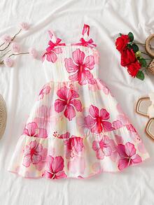 SHEIN Genkimix Kids 女童花卉印花A字裙配蝴蝶結裝飾，甜美仙女公主休閒套裝，適合日常穿著、度假、7歲生日、嬰兒洗禮，白色夏季款 - 彩色 - 查看 3