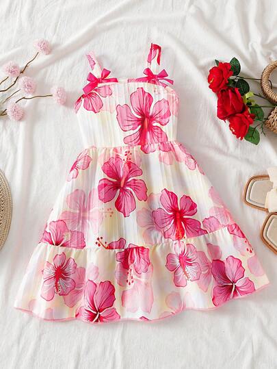 SHEIN Genkimix Kids Toddler Girls' Floral Print A-Line Dress With Bow Decor, Sweet Casual Outfit For Daily Wear, Vacation