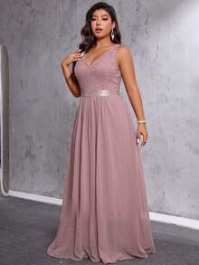 SHEIN Belle Plus Size Solid V-Neck Sleeveless Ruched Waist Pleated Casual Vacation Formal Dress Maxi Women Outfit - Pink - View 5