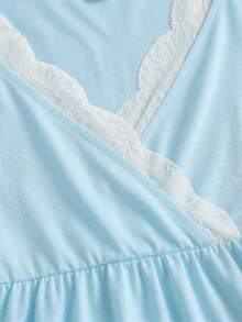 Elamini Women's Spring/Summer White French Romantic Lace Patchwork V-Neck Tie Blouse - Blue - View 7