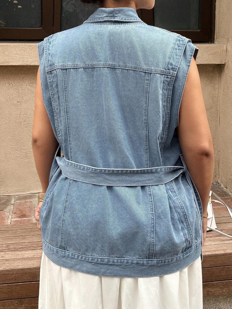 Dazy Plus Washed Blue Lapel Sleeveless Cinched Waist Waist Casual Plus Size Women's Denim Jacket And Coat, Spring/Summer Resort Style